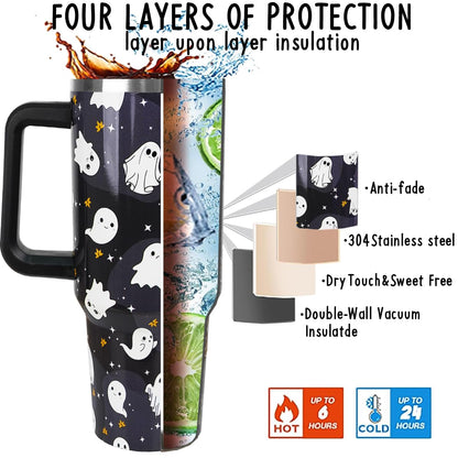 Rcvlauf Halloween Tumbler 40oz Ghost Tumbler Spooky Leak Proof Cups with Handle and Straw Insulated Water Bottle Coffee Travel Mugs for Halloween Decor Gifts for Women Men (1PCS)
