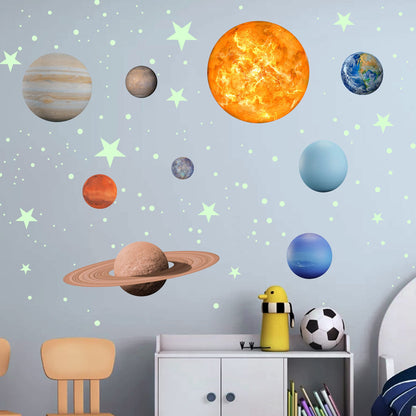 Glow in The Dark Stars Solar System Wall Stickers, Sun and 8 Major Planets Wall Decals for Bedroom, Baby Nursery Decoration for Ceiling (Green)