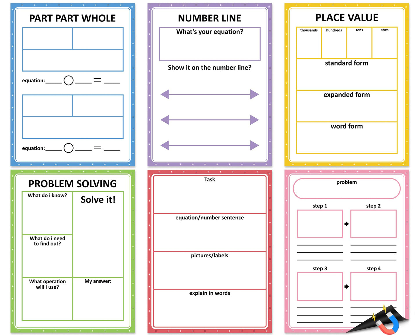 Naozinebi Magnetic Math Teaching Charts Reusable Dry Erase Math Graphic Organizer Handwriting Paper Back to School Elementary Classroom Must have Educational Magnet Chart Whiteboard Essential Supplies