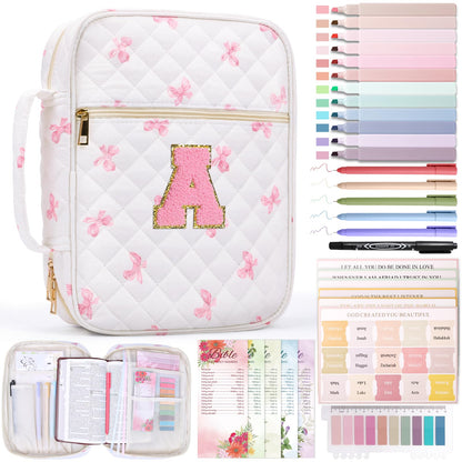 XKDOUS Bible Cover for Women Quilted Bible Bag Church Book Carrying Case with Letter A, Handle, Study Supplies Organizer Portable Church Book Carrier Christian Gifts for Mom, Lady