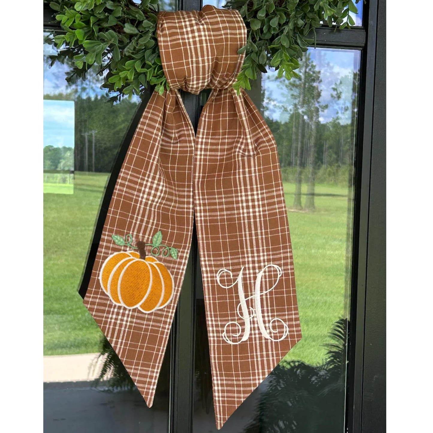 Autumn Door Wreath Sash Embroidered with White Letters and Pumpkins On A Plaid Wreath Sash Ideal for Housewarming Gifts, Autumn Thanksgiving, Halloween, and Christmas Porch Decorations -R