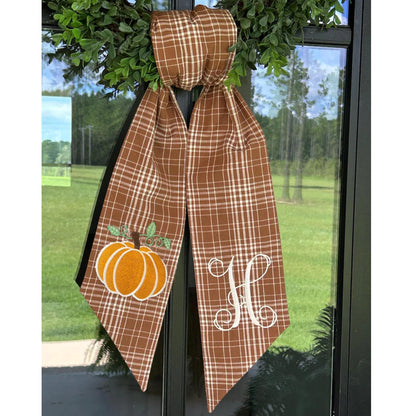 Autumn Door Wreath Sash Embroidered with White Letters and Pumpkins On A Plaid Wreath Sash Ideal for Housewarming Gifts, Autumn Thanksgiving, Halloween, and Christmas Porch Decorations -R