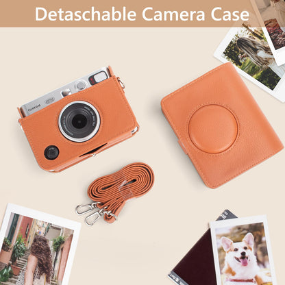 MUZIRI KINOKOO Instax Mini EVO Case with Photo Print Slot Lychee-Grain PU Leather Fuji Mini EVO Camera bag with Adjustable Shoulder Strap&Precise Charging Port&Detachable Protective Cover-Brown