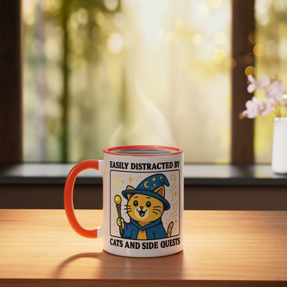Easily Distracted By Cats And Side Quests Ceramic Mug, Orange/White