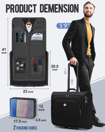 MATEIN Rolling Garment Bag with 2 Packing Cubes, Large Check-in Travel Garment Bags with 17.3 Inch Laptop Compartment, Wrinkle Free Wheeled Business Softside Suitcase Luggage for Men and Women, Black