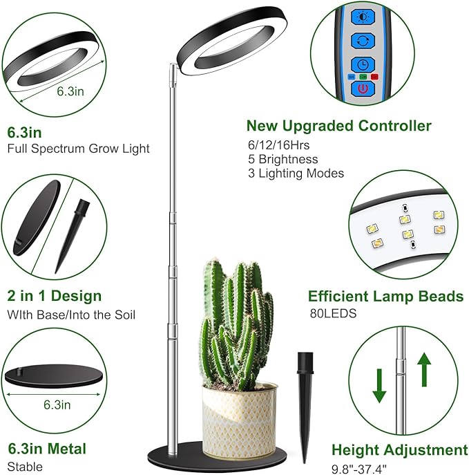 Aokrean Grow Lights for Indoor Plants Full Spectrum, 80 LEDs Plant Light for Indoor Plants, Height Adjustable 6.3in Desktop Growing Lamp with Auto Timer 6/12/16Hrs, 3 Optional Spectrums,5 Brightness
