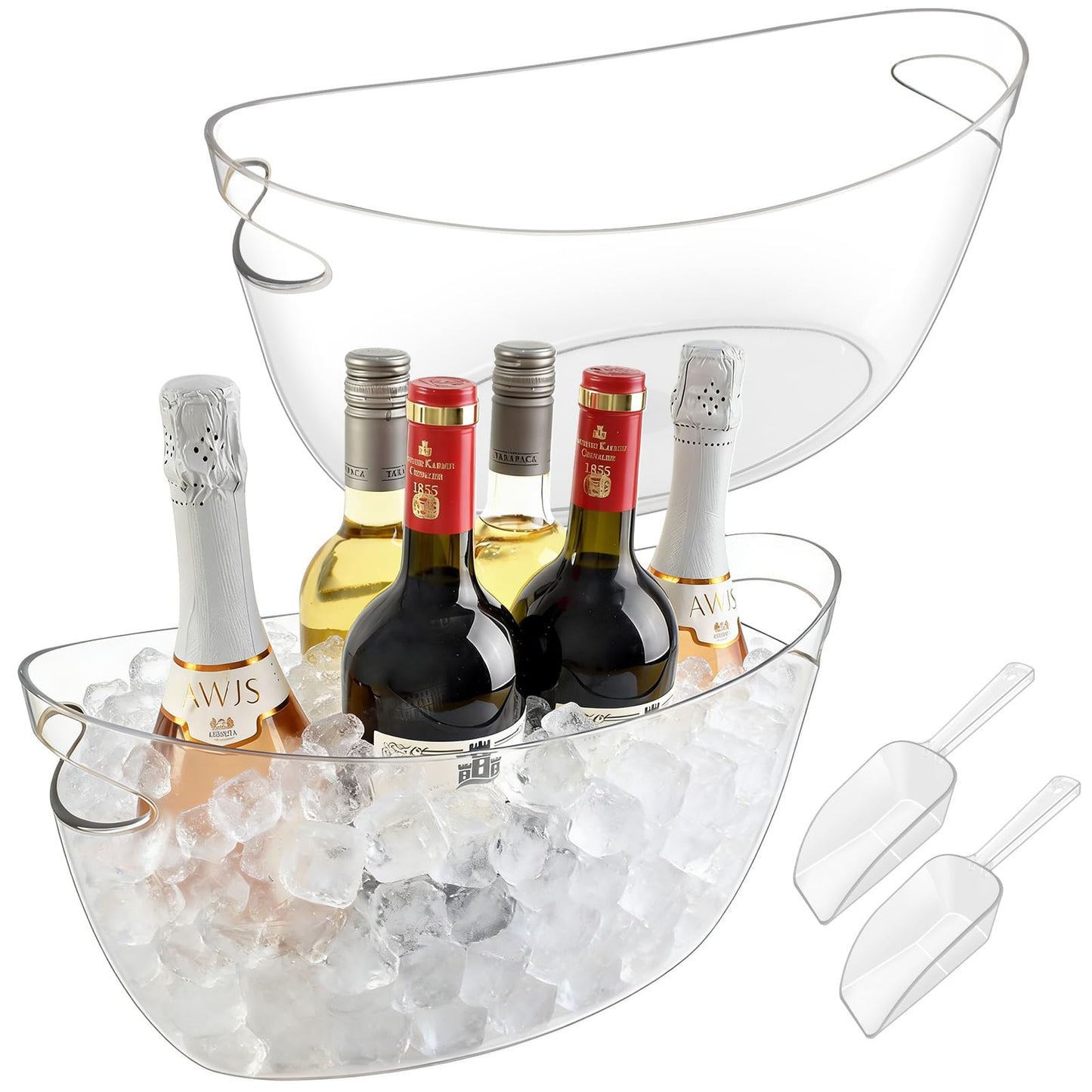 7.5L Ice Buckets for Parties 2 Pcs, Upgraded Thickened Acrylic Ice Bucket Set with 2 Scoops,Large Clear Beverage Tub, Champagne Bucket and Drink Bucket for Wine,Beer,Cocktails and Mimosa Bar Supplies