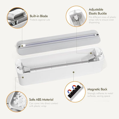 Aluminum Foil & Plastic Wrap Dispenser with Cutter - Magnetic & No-Drill Wall Mount, Cling Film Dispenser for Countertops & Cabinets, Space-Saving Kitchen Organizer - Fits 300 m Rolls, White