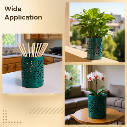 Toyosport Hollow Ceramic Decorative Pot, Green Floral Design, 5.5 x 4.1 in/14 x 10.5 cm, Multi-Purpose, Chopsticks Cage, Pen Holder, Indoor Outdoor Flower Pots