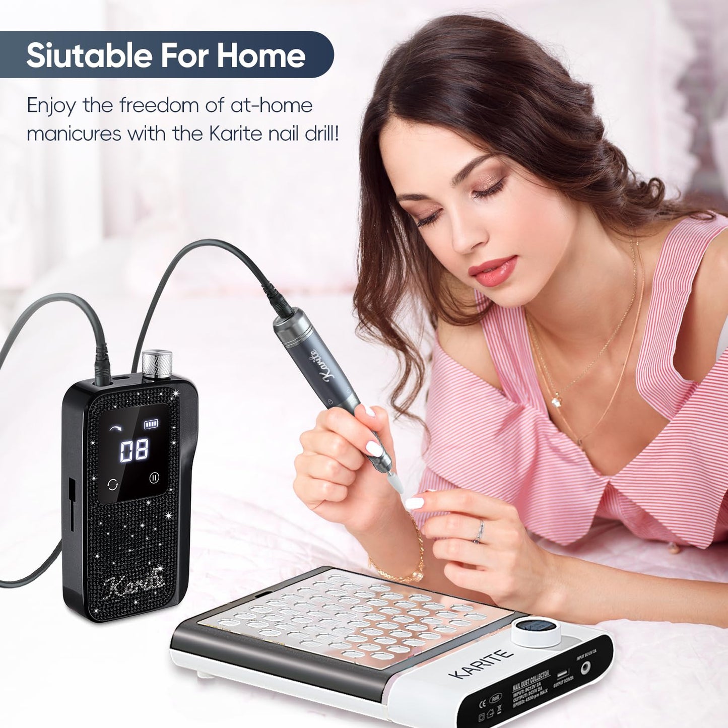 Karite Professional Nail Drill Machine for Acrylic Nails, 35000 RPM Electric Nail File with 13 Bits, 30 Sanding Bands – USB Rechargeable, Portable Electronic Nail Filer for Home Salon Manicure Tools