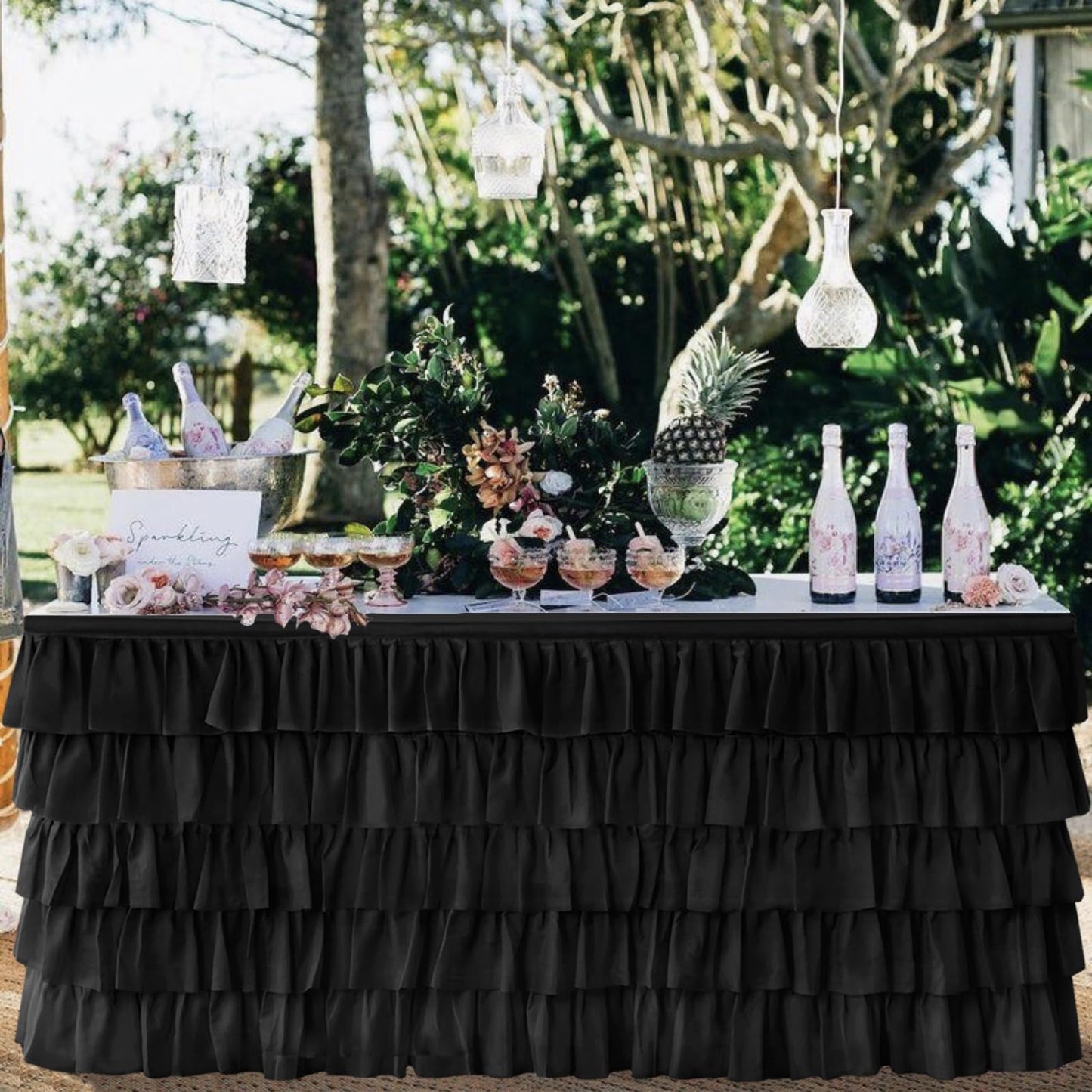 Pufogu Black Tulle Table Skirt 9ft Tutu Ruffled Chiffon Tablecloth For Rectangle Wedding Baby Shower Girls Birthday Party and Cake Dessert Table Decorations(Black, L9(ft), H30in)