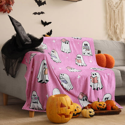 Hillsuren Ghost Reader Blanket for Girl Halloween 2025 New Pink Ghost Reading Book Throw Blankets 50 x 60 Inch Cute Boo Gift for Book Lover Sofa Bed Living Room Christmas Thanksgiving Gift Decoration