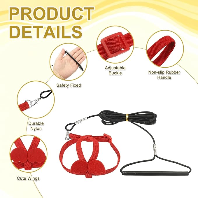 Bird Harness Leash, Adjustable Pet Parrot Bird Harness and Leash Lightweight Anti-Bite Flight Training Rope with Cute Wing, (Red, L), Intended for Parrots/Pigeons/Budgies