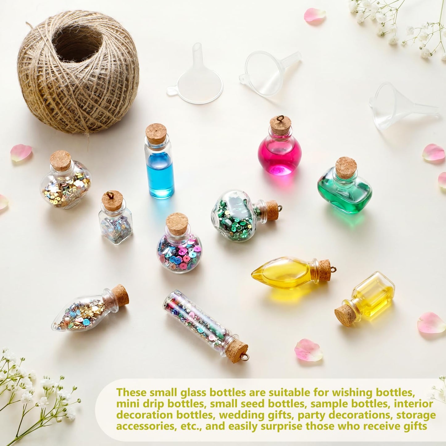 Geiserailie 50 Pieces Small Tiny Plastic Spell Jars Bottle with Cork Stopper Witchy Gifts Witchcraft Supplies Wishing Bottles with Eye Screws Funnel Rope for DIY Crafts(Plastic, Style A)