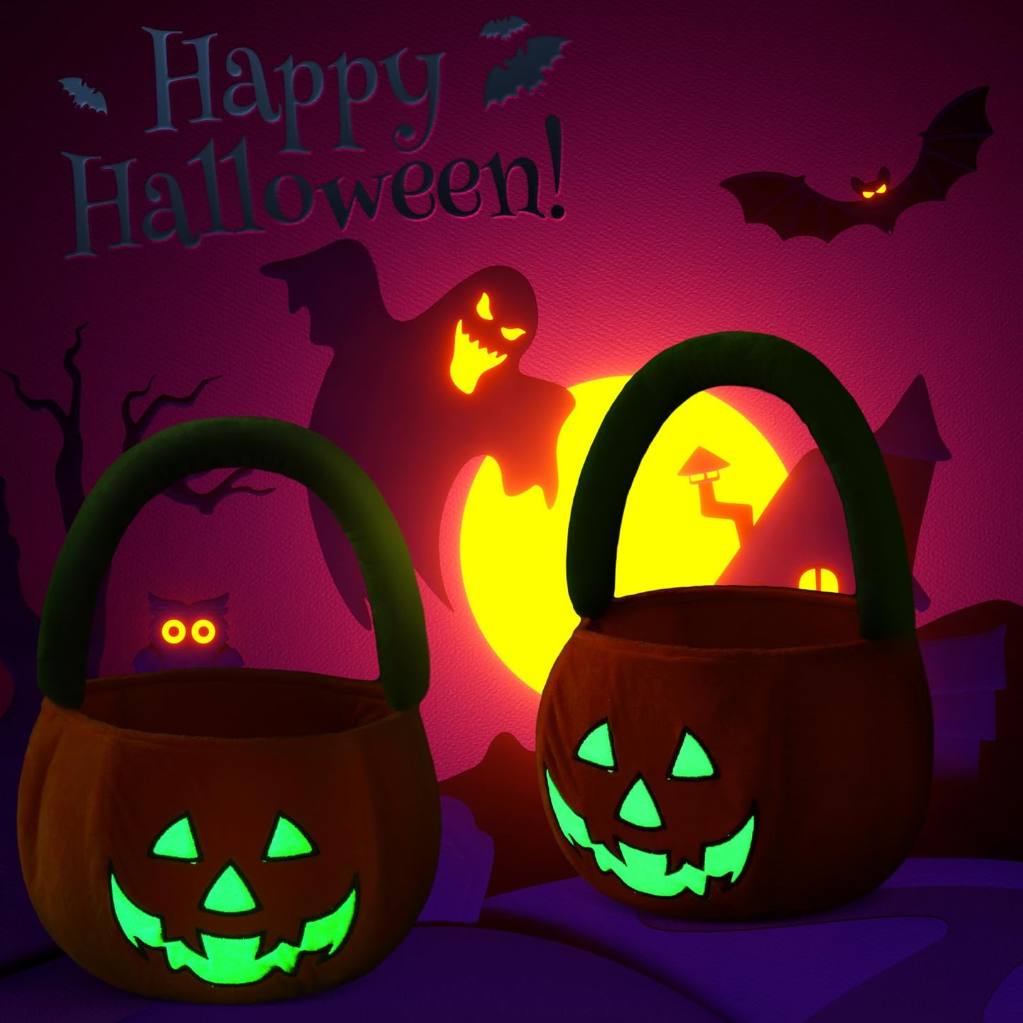 Teenyyou Halloween Pumpkin Trick or Treat Bucket Plush Candy Bag Basket Tote for Trick or Treating Glow in The Dark Favor Bags for Halloween Party Supplies