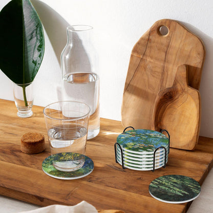 Ceramic Absorbent Art Coasters with Golden Holder Cork Base Set of 6 - Use 6 Famous Paintings, Unique Housewarming Gifts for Home Decorative (Claude Monet - Round - 2)