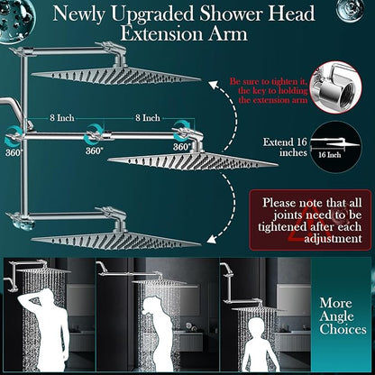 12'' Rain Shower Head Combo, High Pressure Rainfall Shower Head with 16'' Flexible Adjustment of Height/Angle Upgraded Extension Arm and 5 Setting Spray Handheld Shower Head, Anti-leak (Chrome)