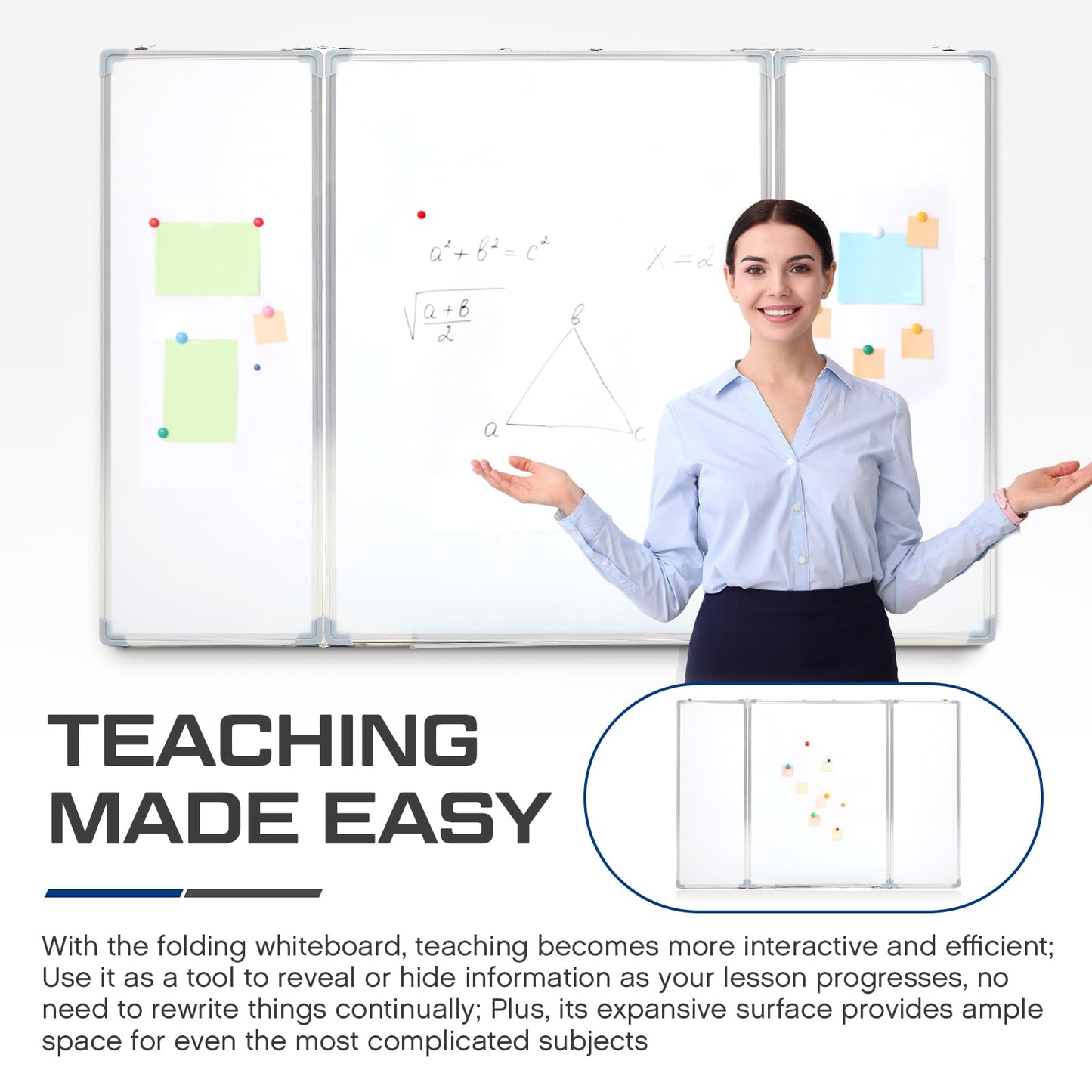 AmazingSpark 48” x 36” Foldable Whiteboard Dry Erase Board Large Tri Folding Whiteboard Magnetic Dry Erase Board, Wall Aluminium Frame and Pen Tray for Office, Home