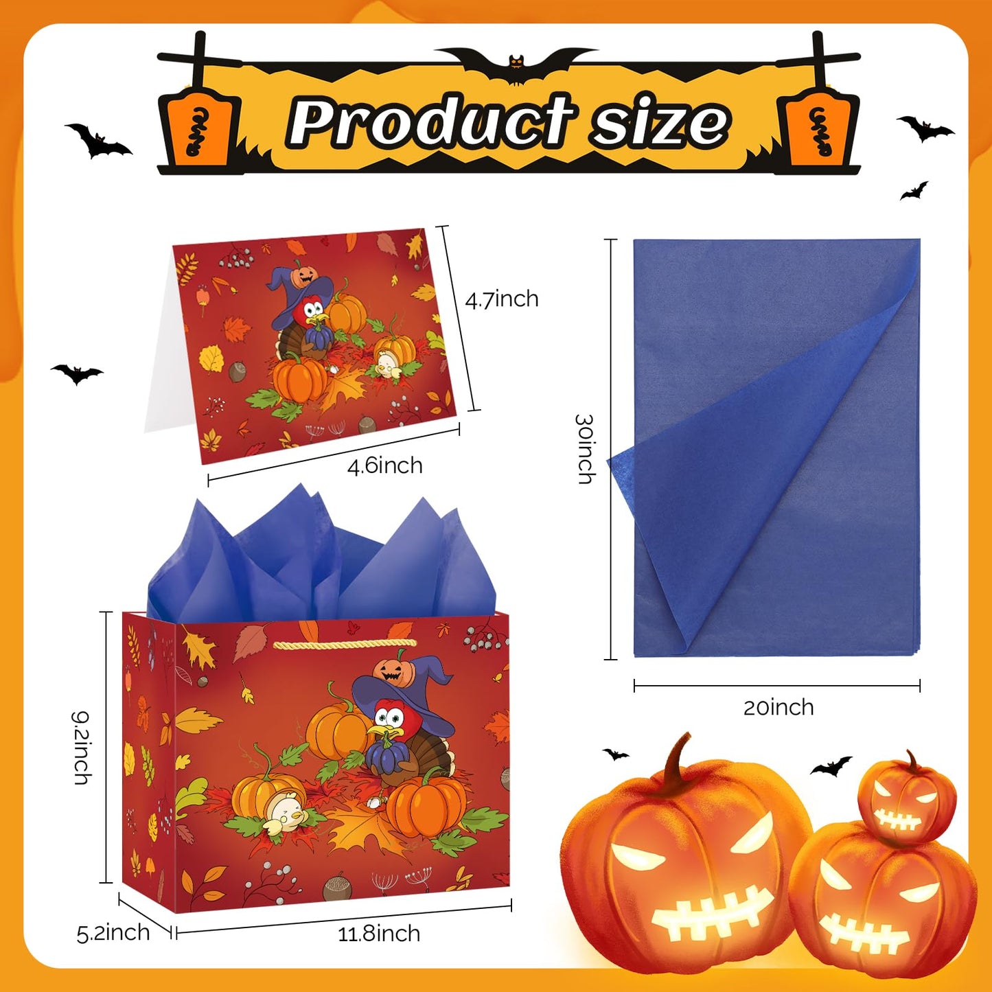 Briurdo Large Orange Happy Halloween Bag 11.8" Trick or Treat Gift Bag with Tissue Paper Greeting Card Night Pumpkin Turkey Paper Treat Bag Goodie Bags for Kids Halloween Thanksgiving Party Decorations Supplies