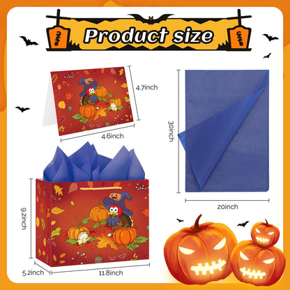 Briurdo Large Orange Happy Halloween Bag 11.8" Trick or Treat Gift Bag with Tissue Paper Greeting Card Night Pumpkin Turkey Paper Treat Bag Goodie Bags for Kids Halloween Thanksgiving Party Decorations Supplies