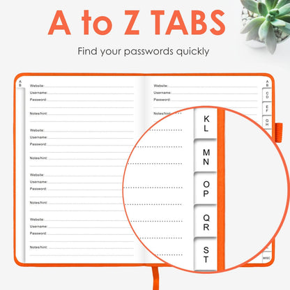Elegant Password Book with Alphabetical Tabs - Hardcover Password Book for Internet Website Address Login - 5.2" x 7.6" Password Keeper and Organizer w/Notes Section & Back Pocket (Orange)