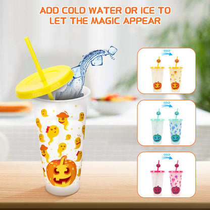Ftabernam Halloween Color Changing Cups, 3-Pack 24 oz Plastic Cups with Lids and Straws, Tumblers and Water Glasses for Adults, Kids Party, Cute Cup for Ice Drink