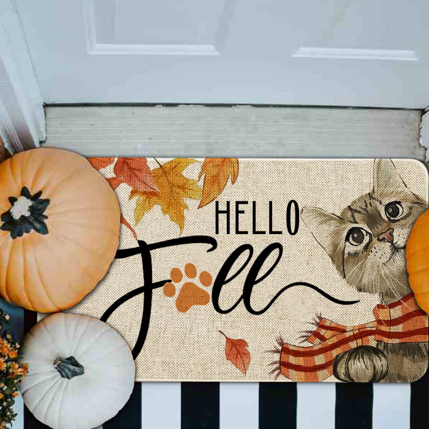 Roszwtit Hello Fall Door Mat 30 X 17 Inch Fall Cat Doormat Indoor Outdoor Entrance Floor Mat Non Slip Autumn Thanksiving Decor Rubber Welcome Mats