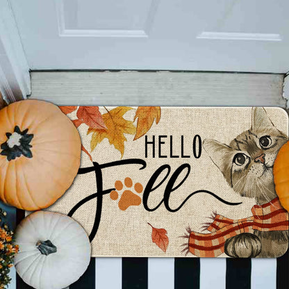 Roszwtit Hello Fall Door Mat 30 X 17 Inch Fall Cat Doormat Indoor Outdoor Entrance Floor Mat Non Slip Autumn Thanksiving Decor Rubber Welcome Mats