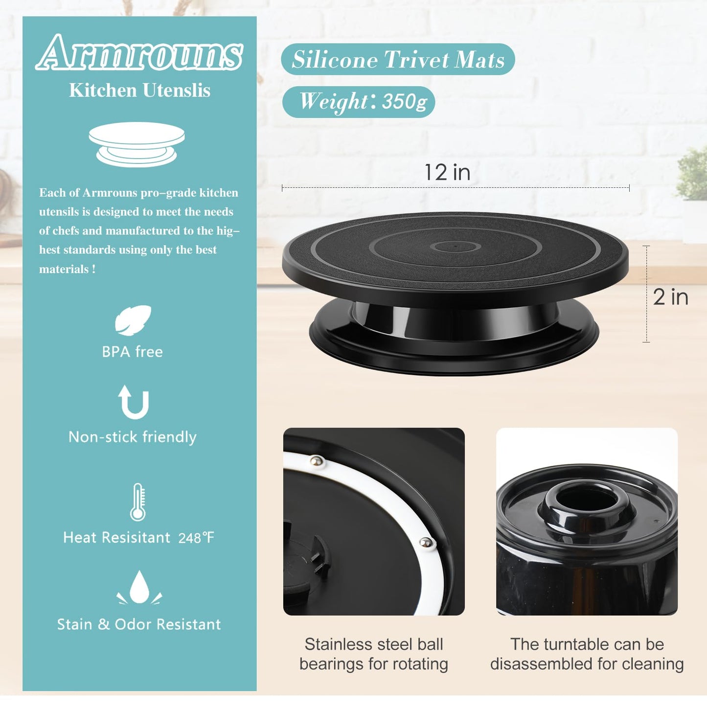 Armrouns 11 Inch Cake Stand, Rotating Cake Turntable for Decorating, Display & Baking, Smooth Revolving Spinner Stand