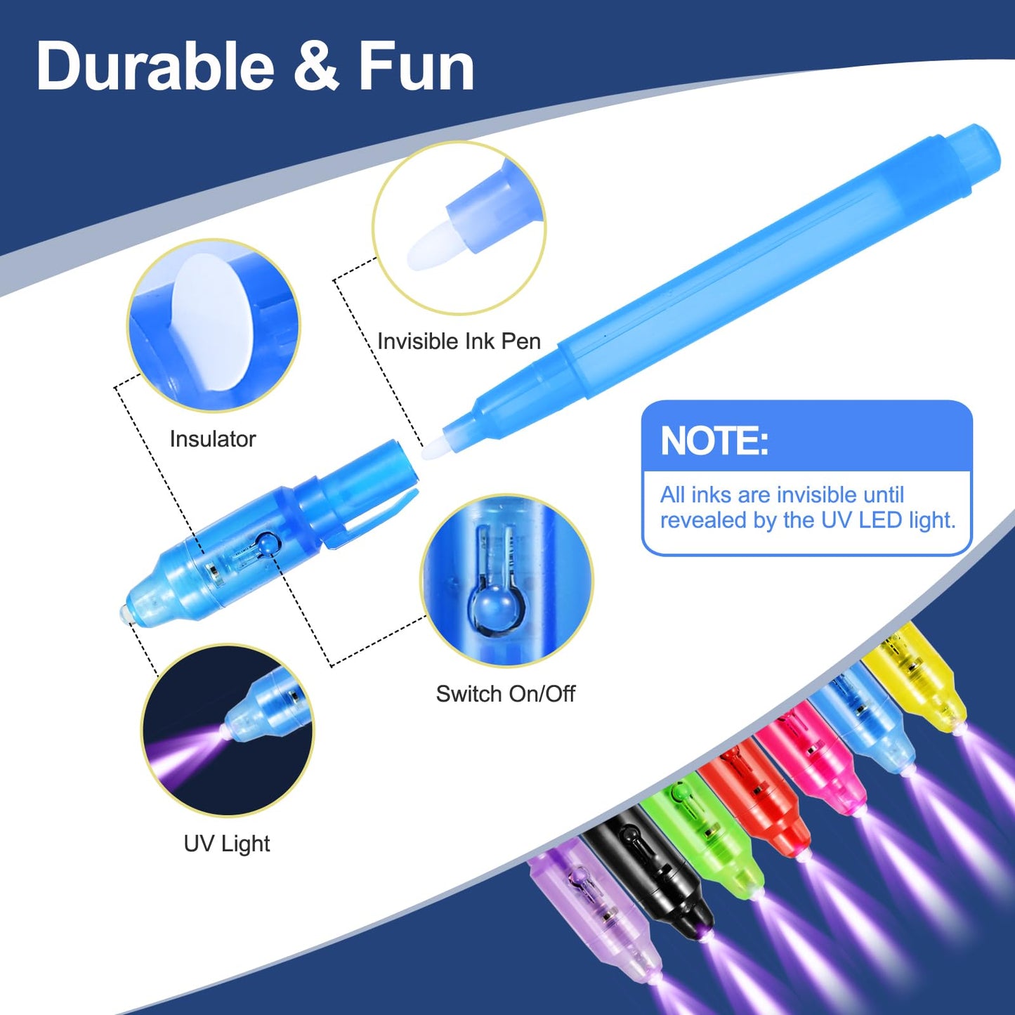 D&N Lifestyle Invisible Ink Pens for Kids, 24 Pack UV Secret Message Pens with Word Search & Maze Cards and Gift Bags, End of School Year Gifts for Students, Party Favors, Goodie Bag Stuffers