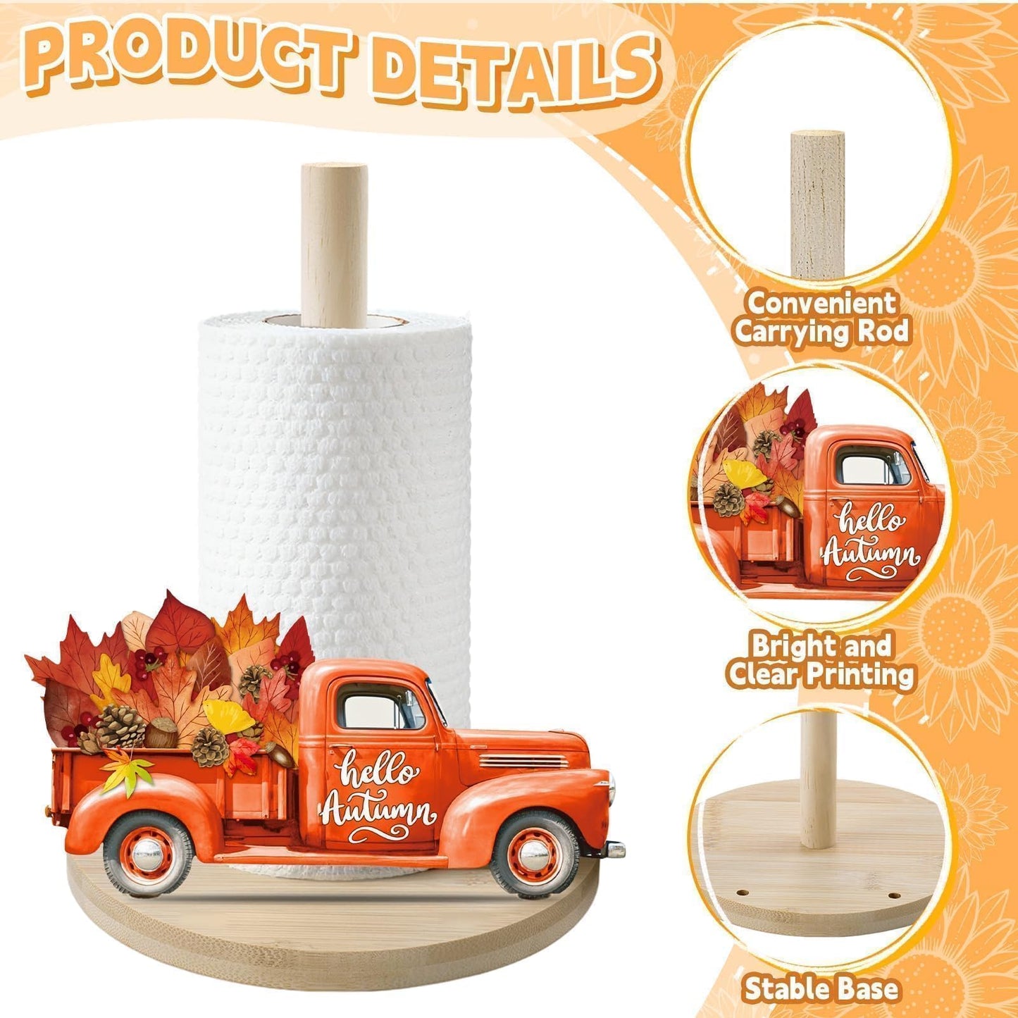 APUDWN Interchangeable Paper Towel Holder Seasonal Freestanding Bamboo Paper Towel Holder with 10 Holiday Sign Countertop Decoration for Summer 4th of July Kitchen Home Bathroom (Truck)