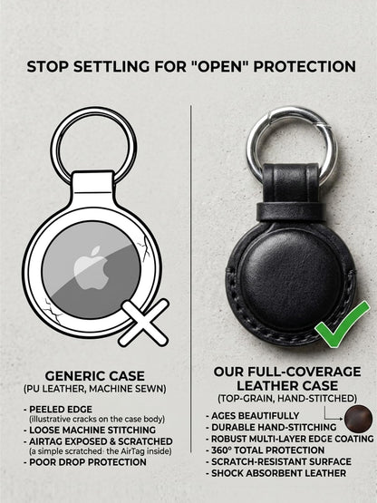JusBumio Handcrafted Full Grain Veg-Tanned Leather Holder Compatible with Apple AirTag 2nd & 1st Gen, Full-Wrap Secure Keychain Case, Discreet Leather Air Tag Keychain for Keys, Bags & Luggage