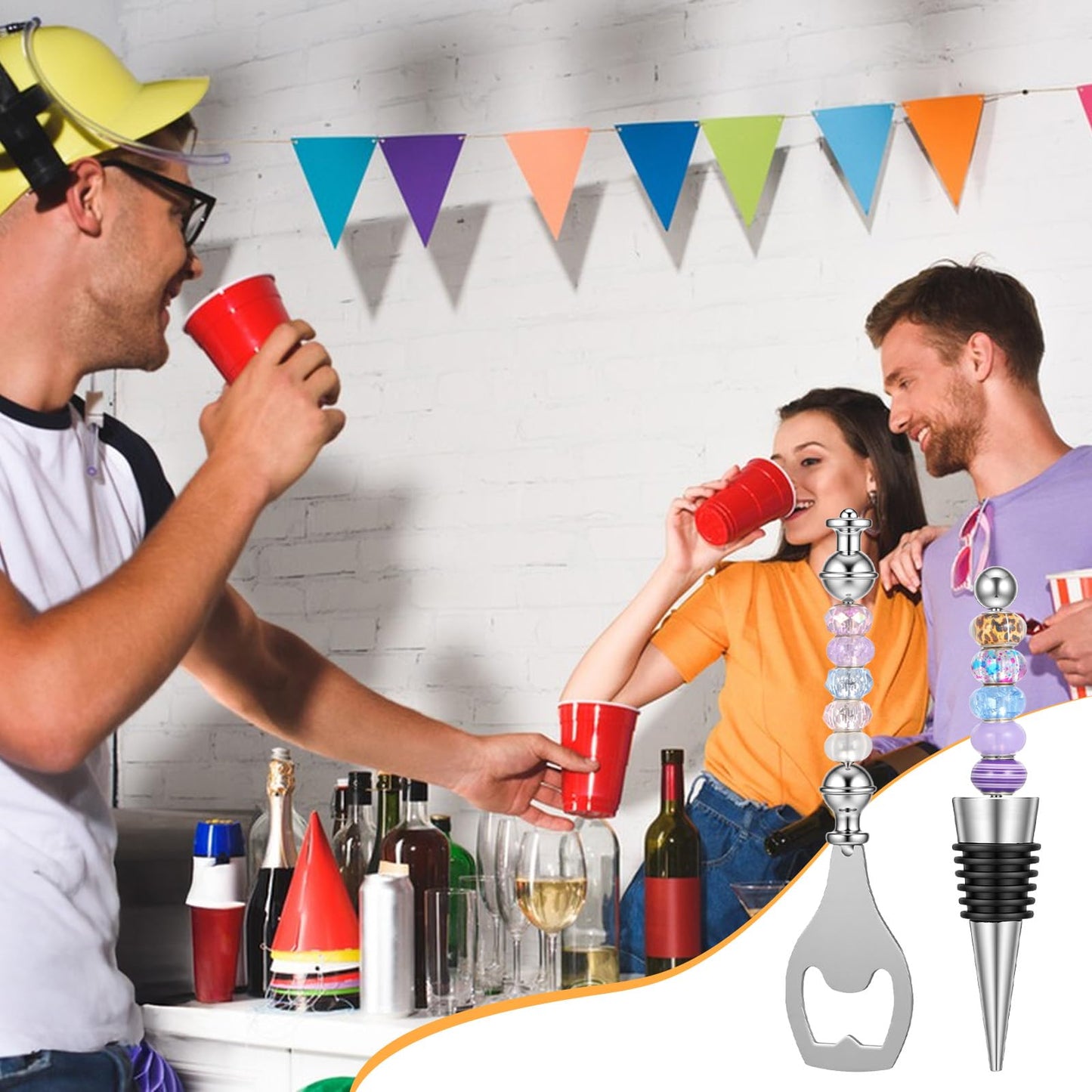 Afcabakila 20 Pcs Beadable Wine Stoppers and Beer Openers Bulk, Reusable Alloy Decorative Bottle Stopper, DIY Craft Beer Opener Set for Spring, Summer, Fall, Halloween, Christmas, Party Favor Gifts