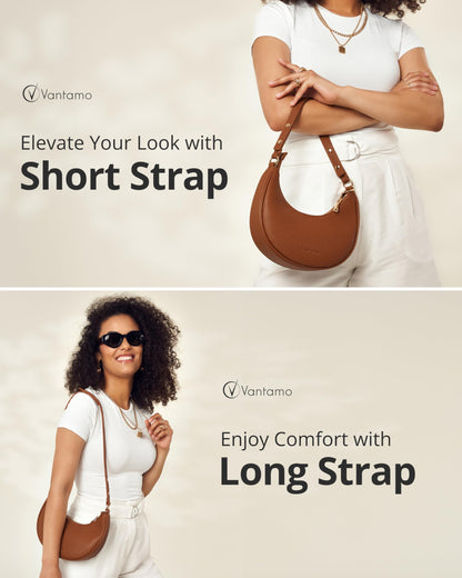Vantamo Crescent Bags For Women with RFID Protection, Half Moon Clutch Purses for Women with Anti-Theft Clip for Extra Safety, Premium Smooth PU Leather Handbags for Work & Going Out, Sienna Tan Purse