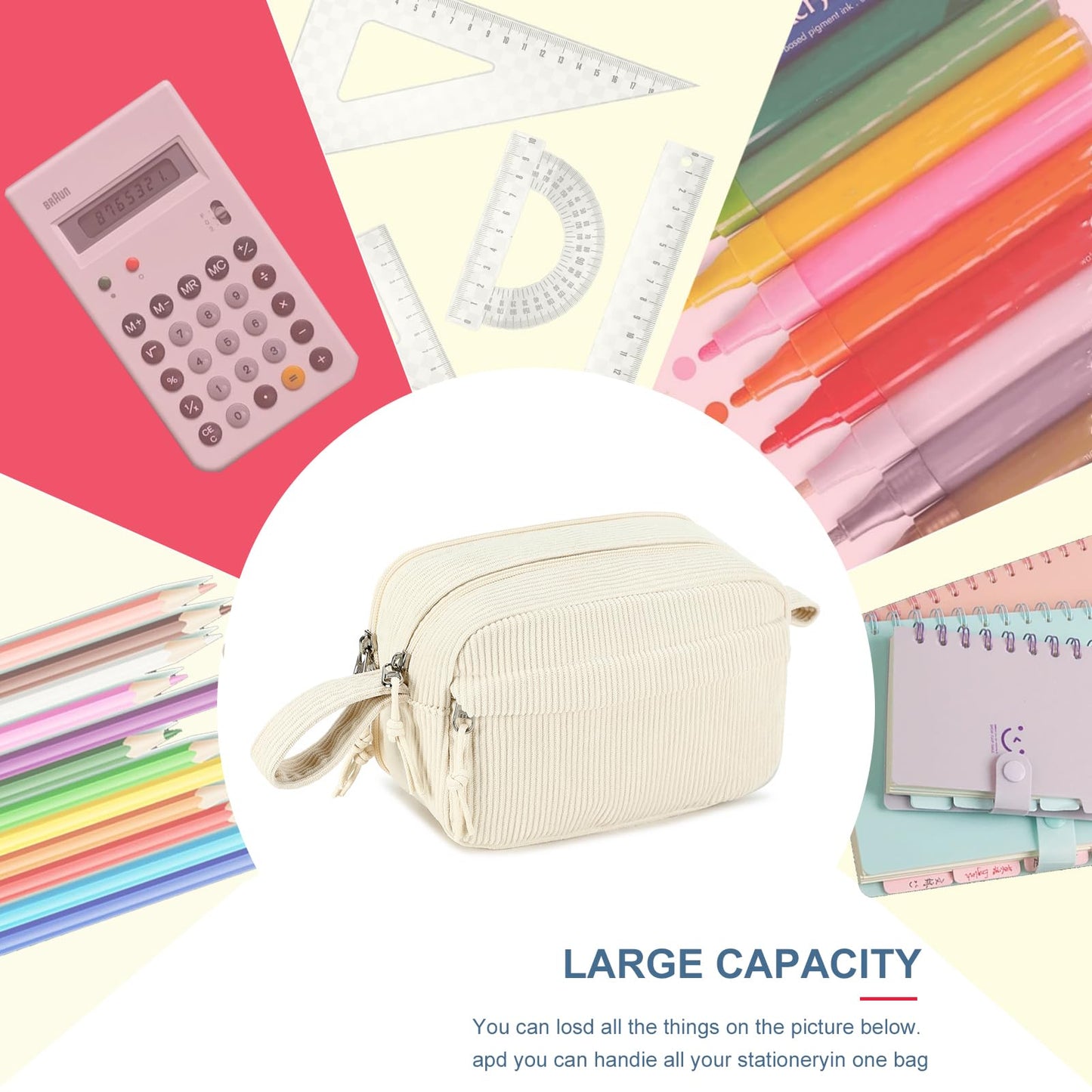 Bluboon Large Capacity Pencil Case Pencil Pouch Pen Case School Supplies Cute Corduroy Pencil Box Pencil Bag for Teen Girls Boys Women Mens Makeup Bag (Beige A)
