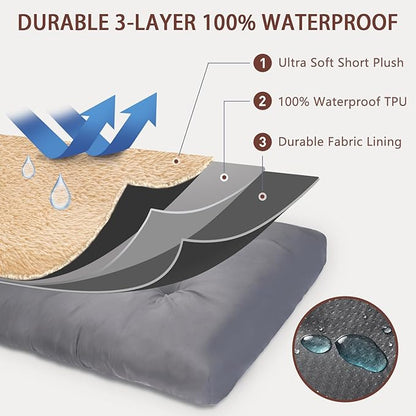 Dog Crate Bed Waterproof Deluxe Plush Dog Beds with Removable Washable Cover Anti-Slip Bottom Pet Sleeping Mattress for Large, Medium, Jumbo, Small Dogs, 35 x 22 inch, Brown