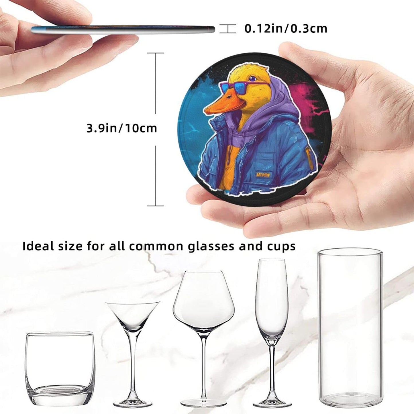 BOXIMIAO Drink Coasters with Holder Stand Set of 6, Cute Cyberpunk Duck Pu Leather Absorbent Coasters with Cork Base Table Coaster Round Coasters for Housewarming Apartment Kitchen Bar Decor