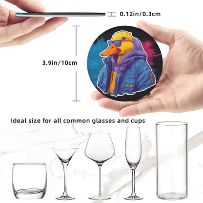 BOXIMIAO Drink Coasters with Holder Stand Set of 6, Cute Cyberpunk Duck Pu Leather Absorbent Coasters with Cork Base Table Coaster Round Coasters for Housewarming Apartment Kitchen Bar Decor