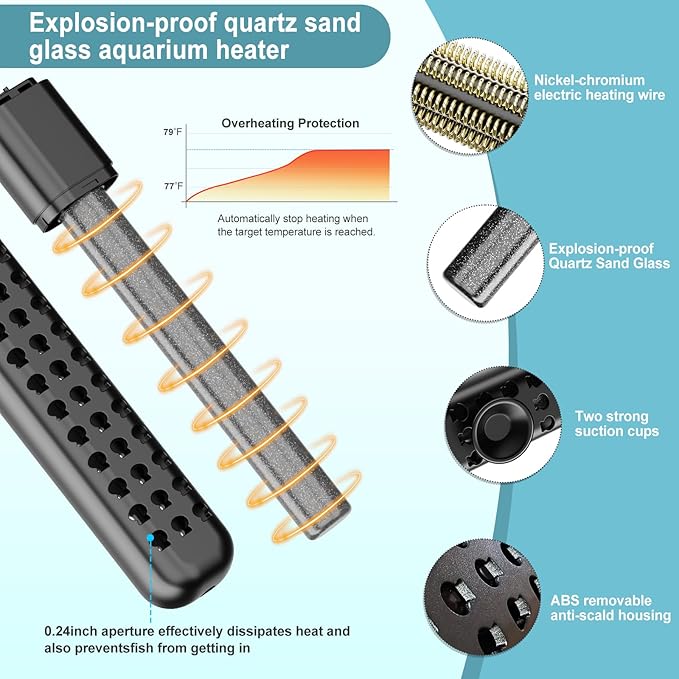 100W Aquarium Heater for 10-20 Gallon with Auto Shut-Off When Leaving Water—Submersible Fish Tank Heater, Dry-Burn & Overheat Protection, Explosion-Proof, Freshwater Saltwater Turtle Tank