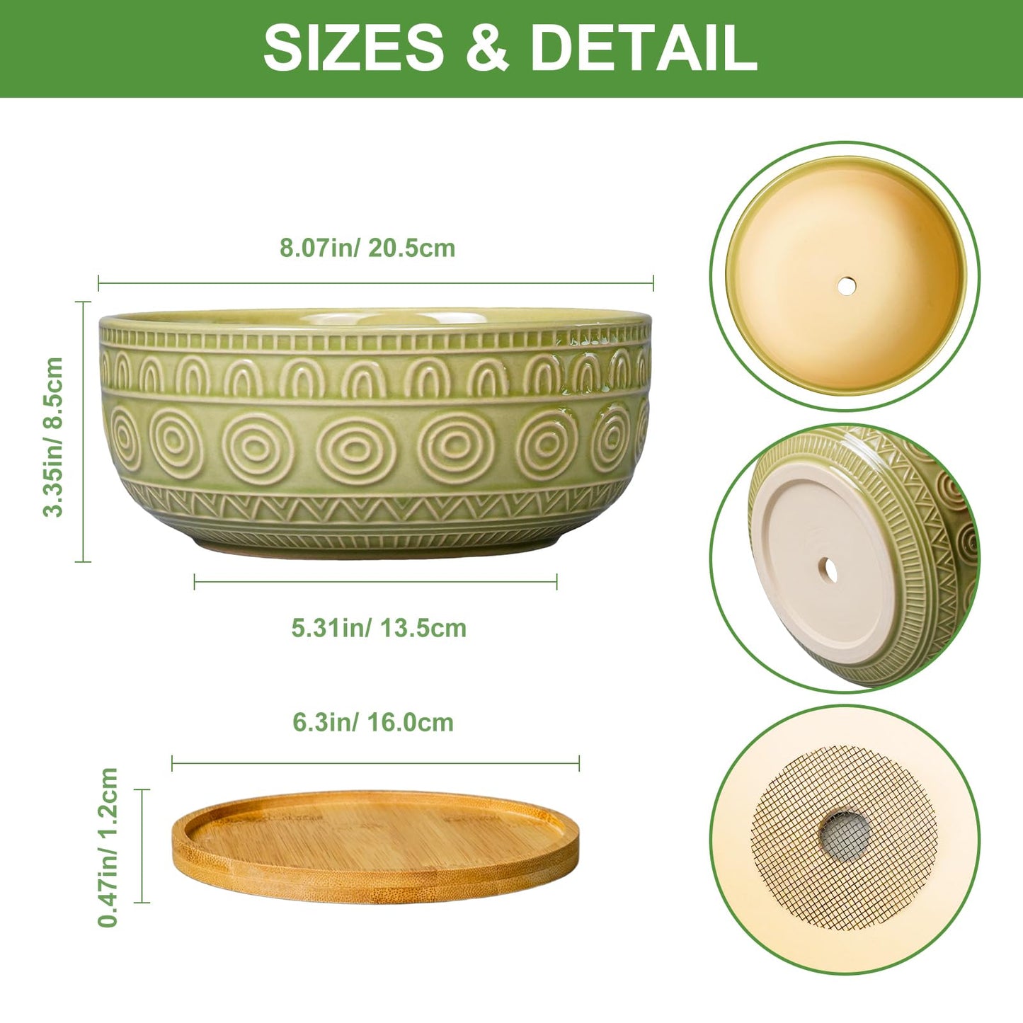 Eightpot Bonsai Pots - 8 Inch Ceramic Succulent Pots with Drainage Hole and Saucer, Shallow Round Planter for Indoor Plants, Boho Bowl Planter, Room Decor, Green