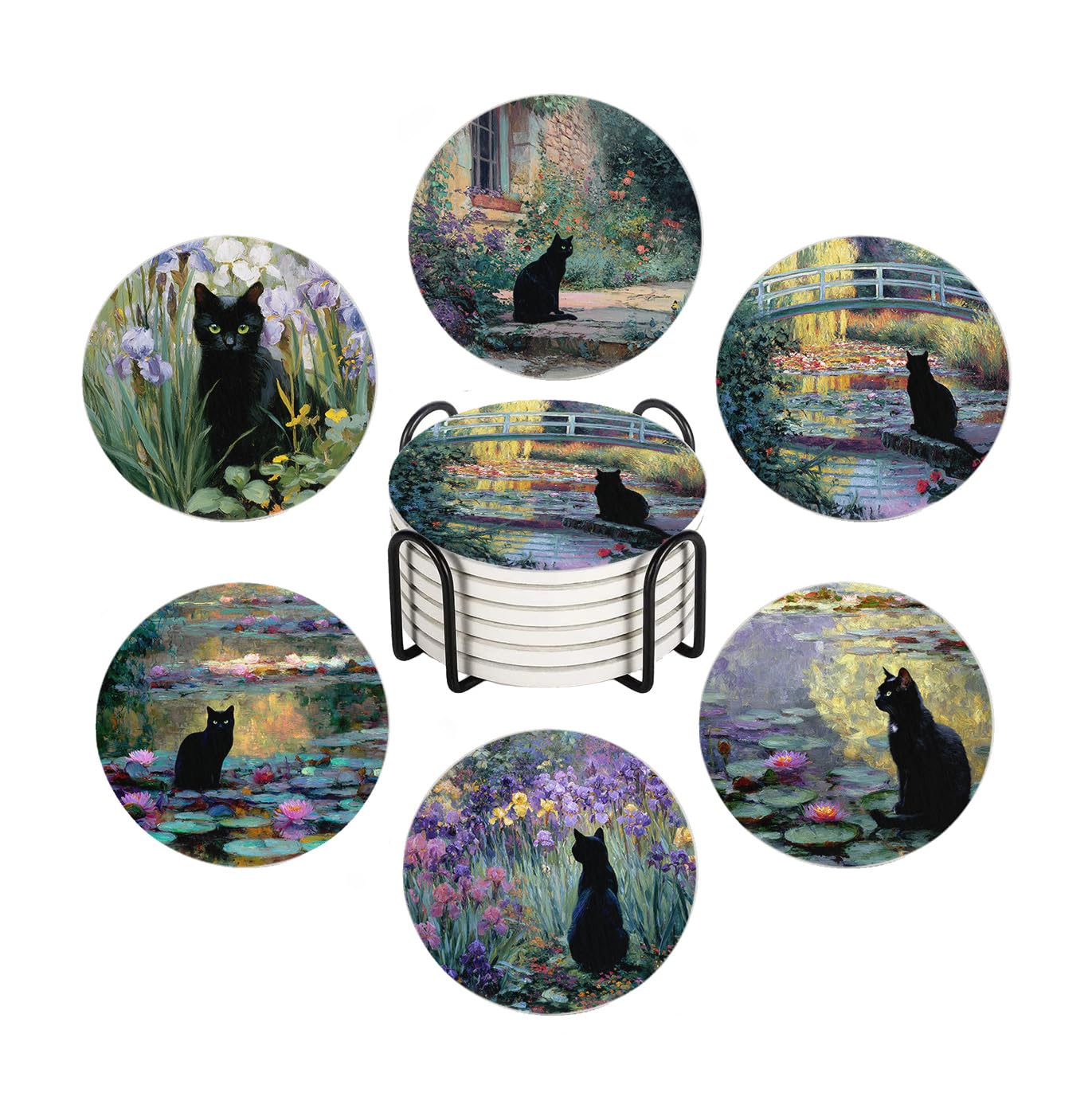Drink Coasters for Drinks Set of 6, Water Lilies Art and Black Cat Absorbent Round Ceramic Stone Mat Coaster, with Cork Base and Metal Holder, Home Bar Decor House Warming Gift
