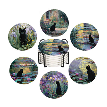 Drink Coasters for Drinks Set of 6, Water Lilies Art and Black Cat Absorbent Round Ceramic Stone Mat Coaster, with Cork Base and Metal Holder, Home Bar Decor House Warming Gift