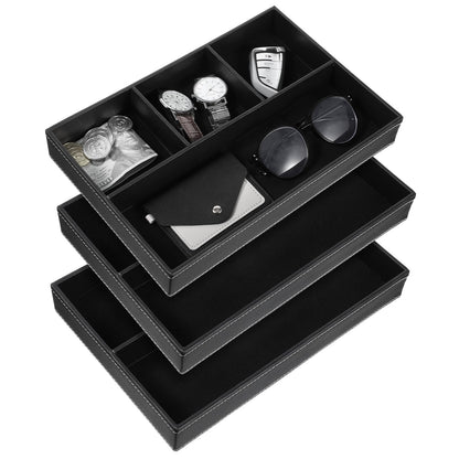 Giloaou 3 Pieces Faux Leather Valet Tray Set, Stackable Jewelry Organizer with Soft Lining, Dresser Storage Box for Nightstand, Key, Wallet, Watch, Phone, Sunglass, Coin, Black
