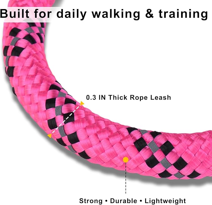 Dog Leash and Collar Set – 6 FT Strong Rope Leash with Padded Handle & Adjustable Nylon Collar Reflective for Small Medium Large Dogs (Pink, M)