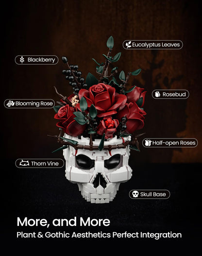 iATOM Skull Roses Flower Bouquet Building Set, Botanical Collection Kit for Adult Women, Birthday Gifts for Mothers Day for Her/Girlfriend/Mom/Wife/Couple, Goth Horror Skeleton Pot Home Table Decor