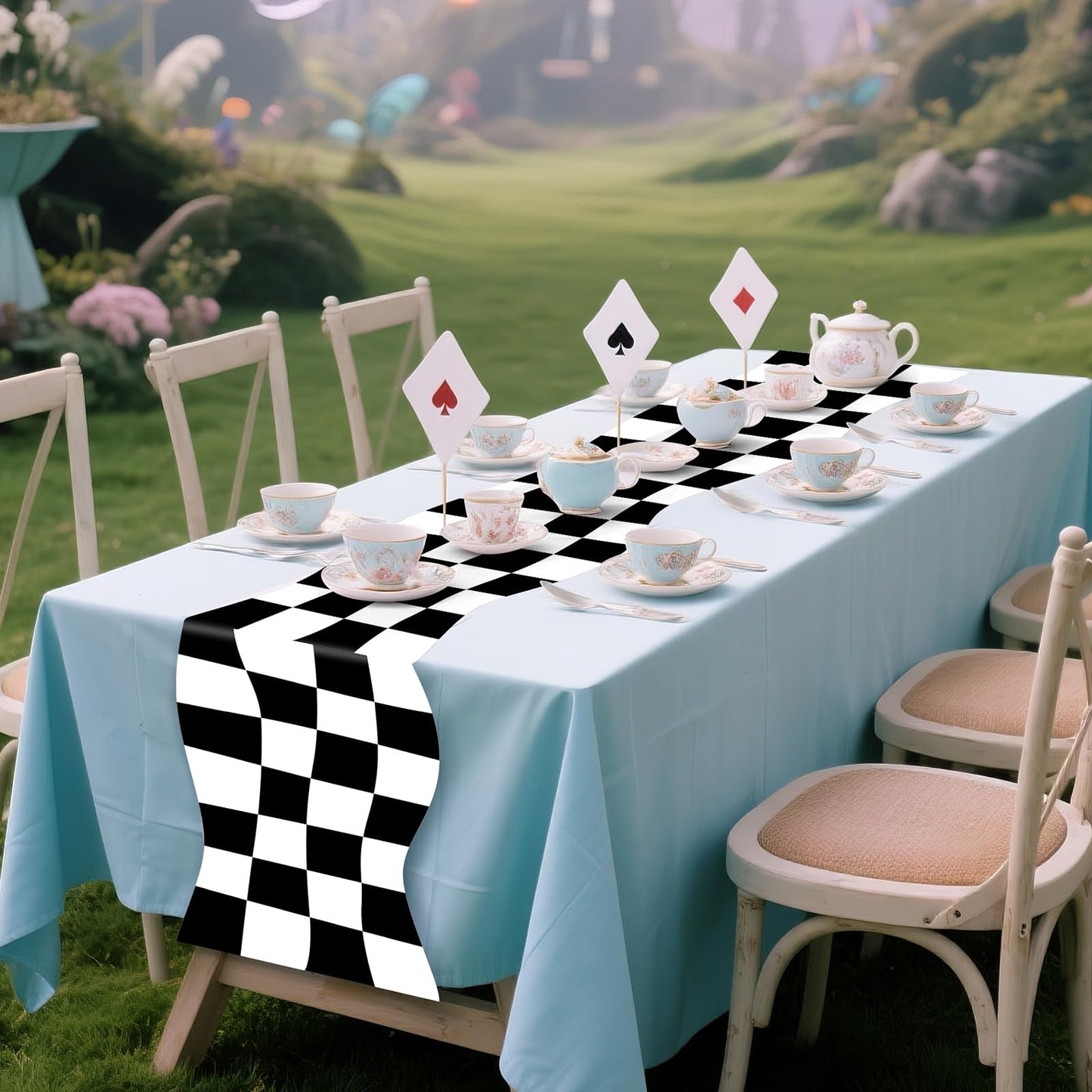 Preboun 2 Pcs Wonderland Party Table Runner Tea Party Table Decor Black and White Checkerboard Tables Runner Decoration for Wonderland Birthday Baby Shower Decorations, 12 x 72 Inches