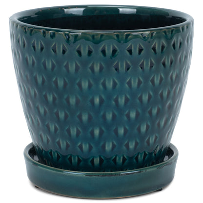 Napco Geometric Triangle 4.75 x 5.5 Inch Teal Green Ceramic Flower Pot Planter with Saucer