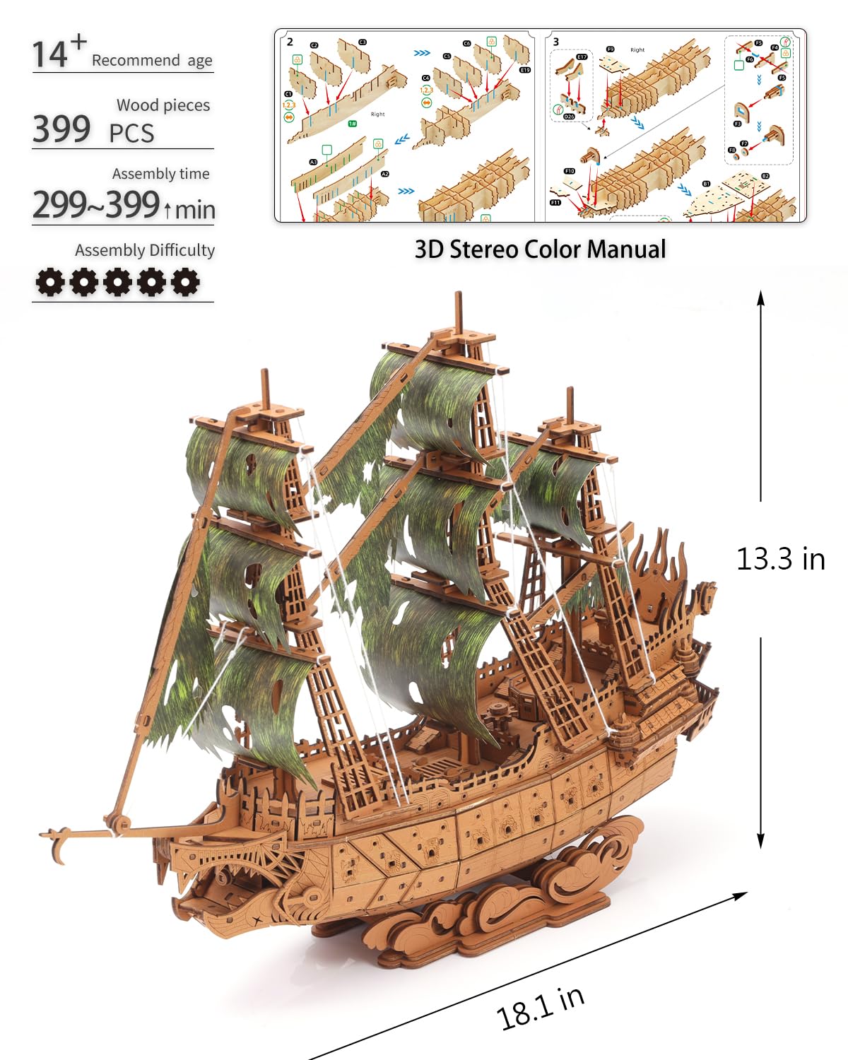 3D Wooden Flying Dutchman Pirate Ship Puzzle Kits for Adults to Build - Ideal Model for Puzzle Building Enthusiasts