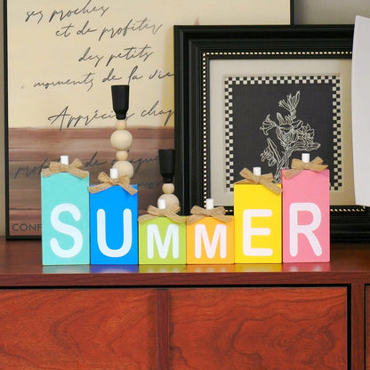 NYUWOAURC Summer Decorations for Home,6 Pcs Wooden Signs Letter Blocks,Rustic Farmhouse Summer Table Decoration Indoor,Double Sides Seasonal Decor Party Centerpiece For Tiered Tray Tabletop Shelf Desk Mantel