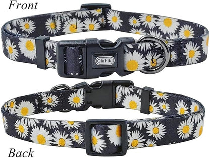 Dog Collar and Leash Set, Cute Daisy Pattern, Polyester Material, 5ft Leash, for Small Dogs.(Small,Black Daisy)